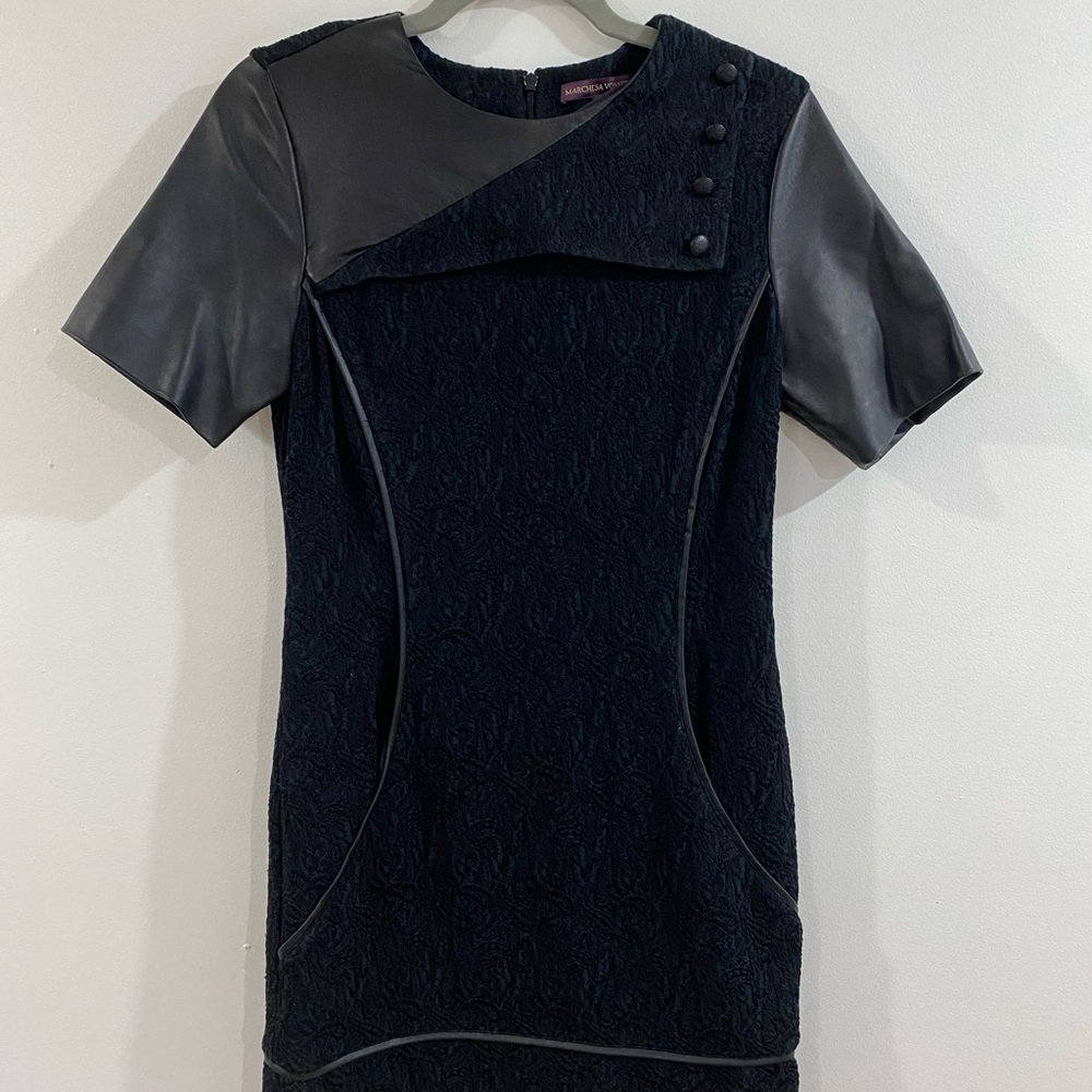 Marchesa Voyage Textured leather-detail dress